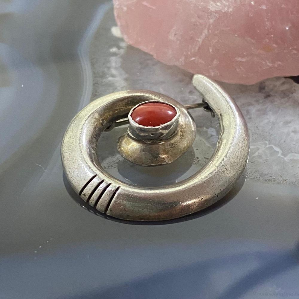 Vintage Native American Sterling Silver SandCast "Circle of Life" w/Coral Brooch - Picture 3 of 9